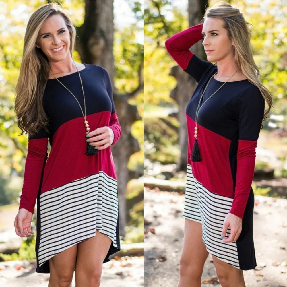 Womens Ladies Long Sleeve Stitching Color Blended Cotton Shirt Tops Blouse US